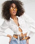 Topshop Eyelet Tie Front Blouse In White