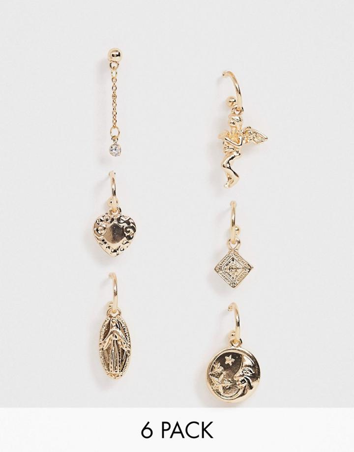 Asos Design Pack Of 6 Single Hoop Earrings With Romantic Charms In Gold Tone - Gold