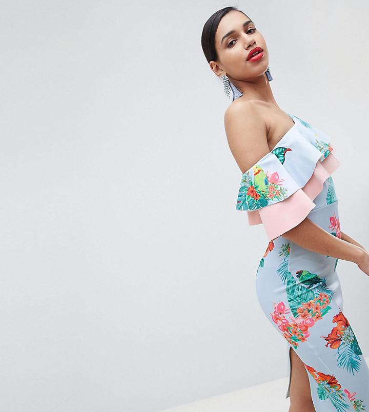 True Violet One Shoulder Midi Dress With Frill Detail - Multi
