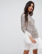 Asos Long Sleeve Embellished Feather Hem Mini Dress - Silver