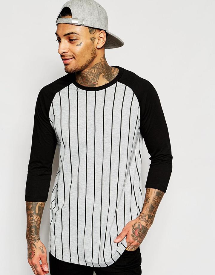 Asos Longline Long Sleeve T-shirt With Vertical Stripe And Contrast Sleeve - Gray