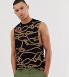 Asos Design Tall Relaxed Sleeveless T-shirt With All Over Rope Print-black