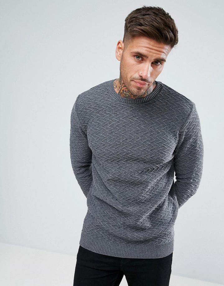 Boohooman Sweater With Chevron Knit In Dark Gray - Gray