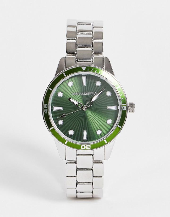 Asos Design Bracelet Watch With Dark Green Face Detail In Silver Tone
