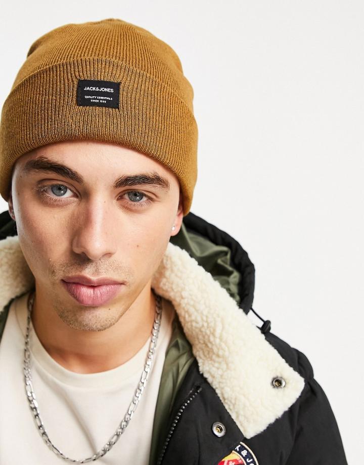 Jack & Jones Beanie With Badge Logo In Brown