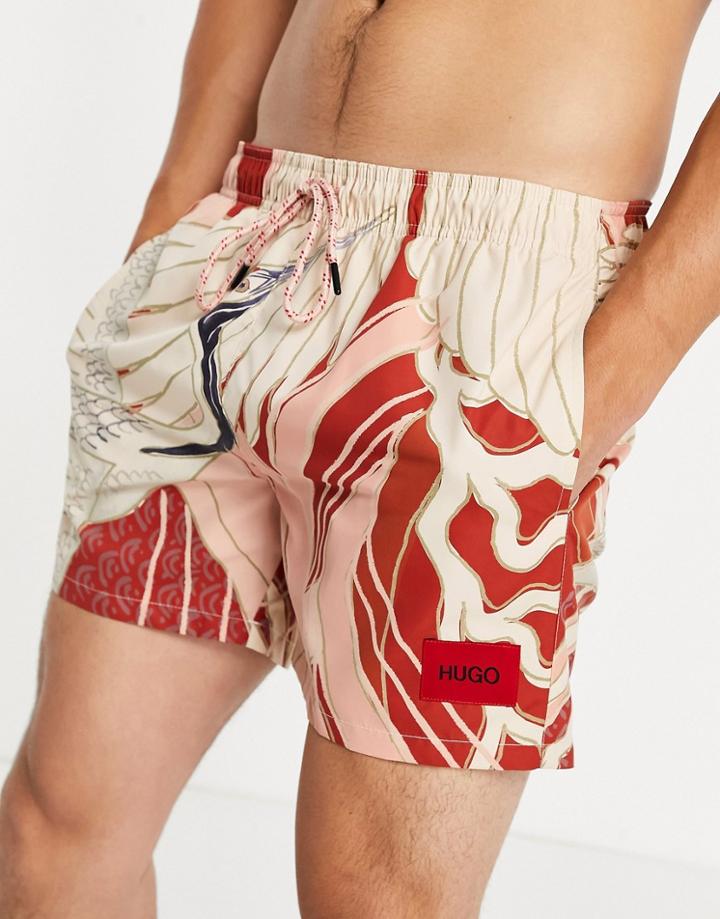 Hugo Miso Floral Allover Print Swim Shorts With Contrast Box Logo In Pink/ White-multi