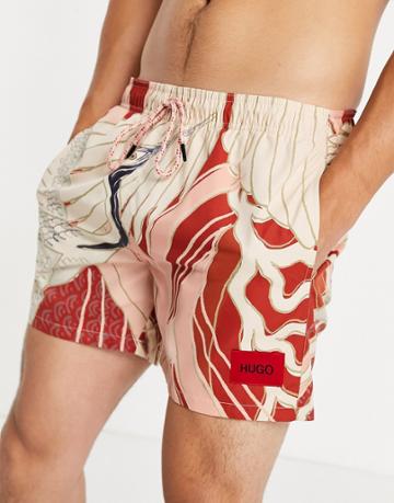 Hugo Miso Floral Allover Print Swim Shorts With Contrast Box Logo In Pink/ White-multi