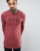 Asos Longline Muscle Long Sleeve T-shirt With Roman Numeral Print - Red