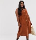 Junarose Linen Button Down Midi Dress With Pocket Detail - Brown