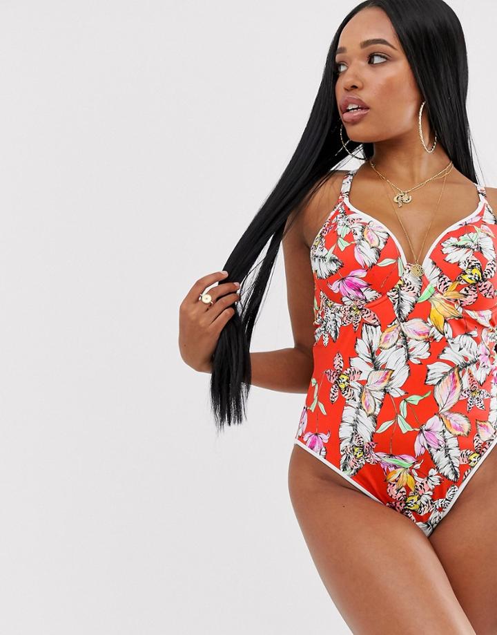 Freya Fuller Bust Wild Flower Halter Swimsuit In Red Floral-multi