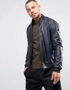 Armani Jeans Leather Bomber Jacket In Navy - Navy