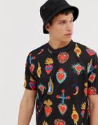 Asos Design Relaxed T-shirt With All Over Heart Print - Black
