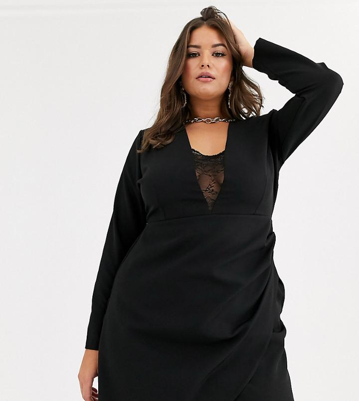 Vesper Curve Mini Dress With Lace Insert And Wrap Skirt In Black - Black