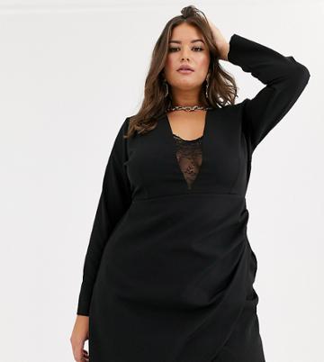 Vesper Curve Mini Dress With Lace Insert And Wrap Skirt In Black - Black