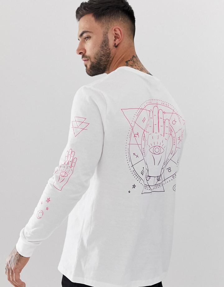 Asos Design Relaxed Long Sleeve T-shirt With Palm Back And Sleeve Print-white