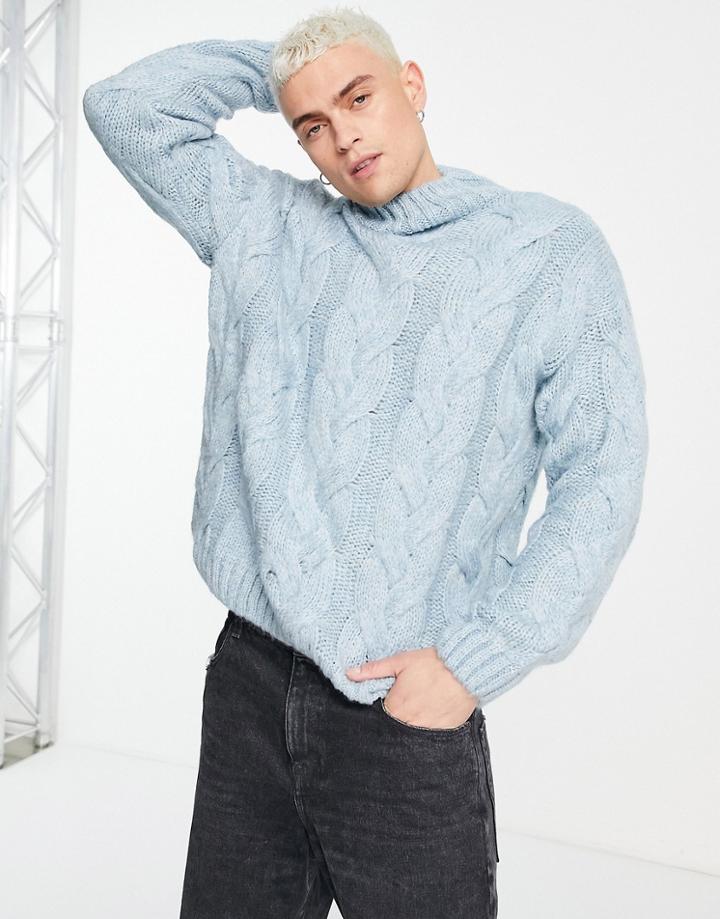 Asos Design Fluffy Cable Knit Turtle Neck Sweater In Dusty Blue-blues