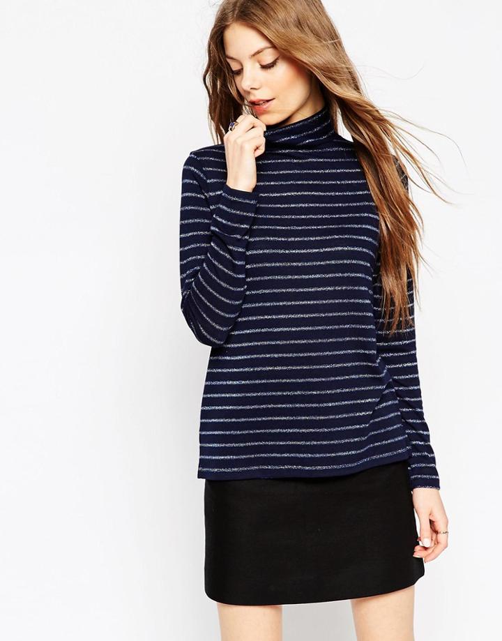 Asos Turtleneck Top With Metallic Stripes - Navy