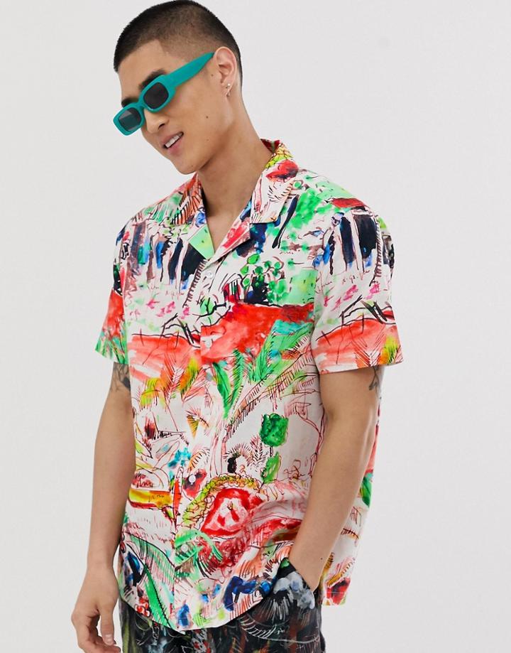 Asos Design Festival Two-piece Regular Shirt With Scribble Scenic Print-white