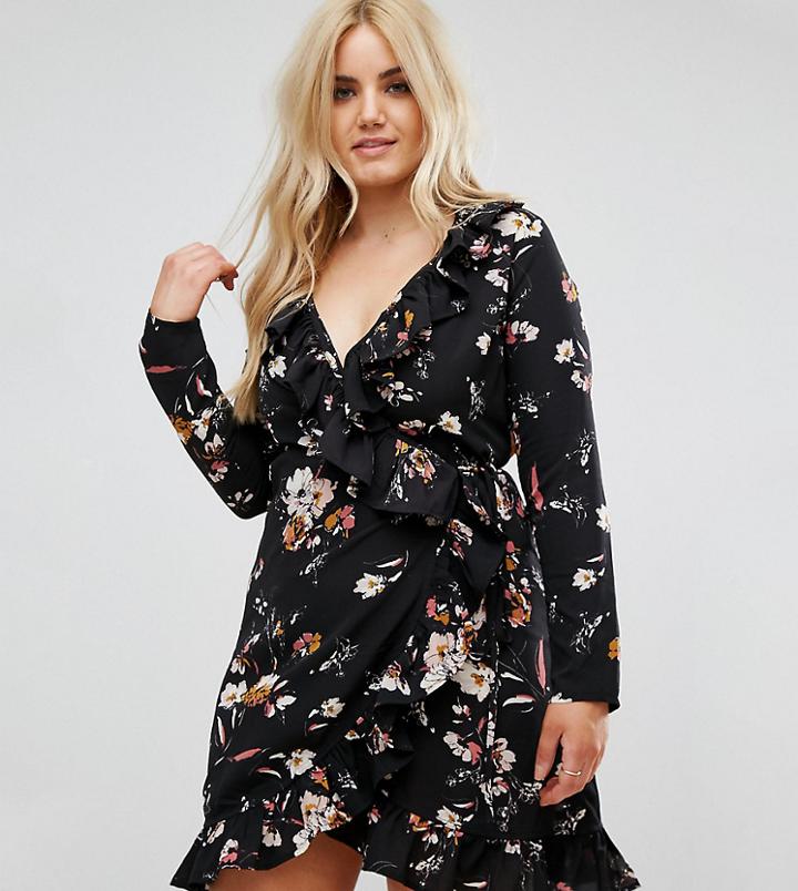 Boohoo Plus Floral Ruffle Edge Wrap Over Dress - Black