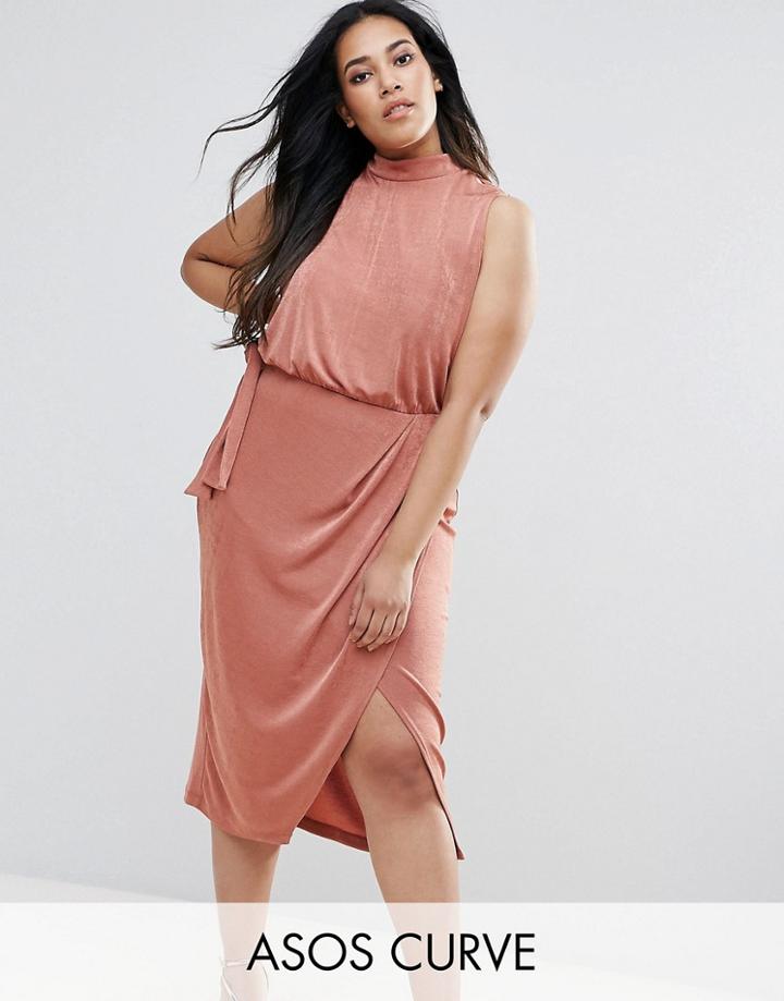 Asos Curve High Neck Tie Side Midi Bodycon Dress - Pink