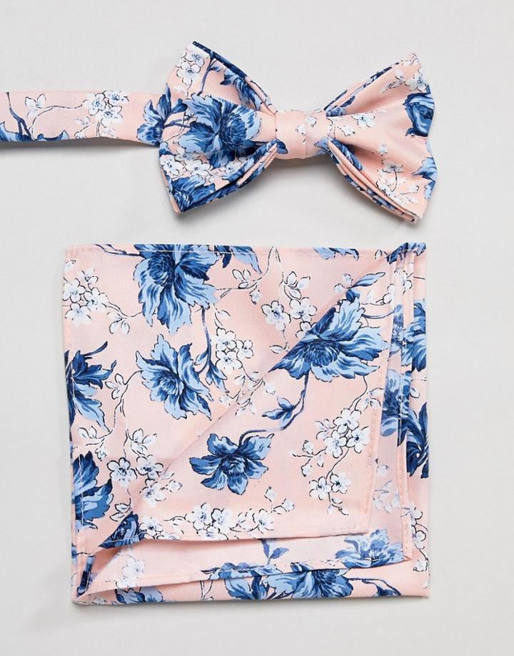 Asos Design Wedding Bow Tie & Pocket Square In Pink Floral Print - Pink