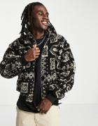 Asos Design Borg Bomber Jacket With All Over Print In Black