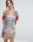 Asos Premium Embroidered Shift Mini Dress - Beige