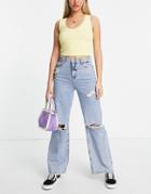 New Look Ripped Wide Leg Dad Jean In Mid Blue