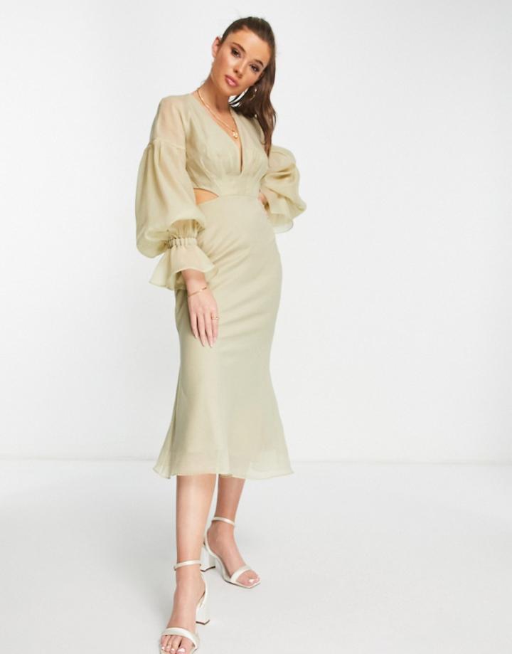 Asos Design Pleated Midi Dress With Blouson Sleeve And Cuff Detail-multi