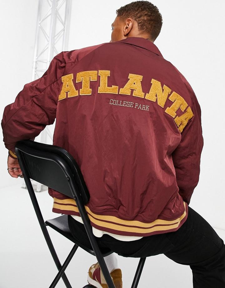 Asos Design Oversized Bomber Jacket With Back Placement Detail In Burgundy-red