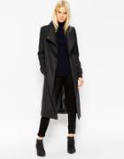 Asos Coat With Funnel Neck And Belt - Charcoal