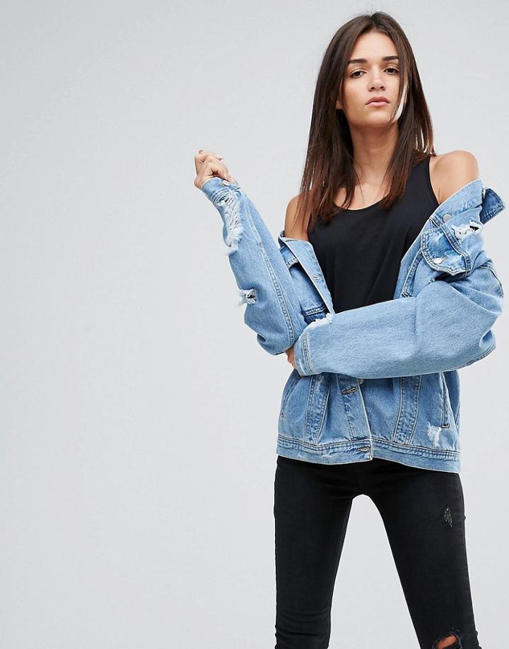 Uncivilised Oversized Ripped Denim Jacket - Blue