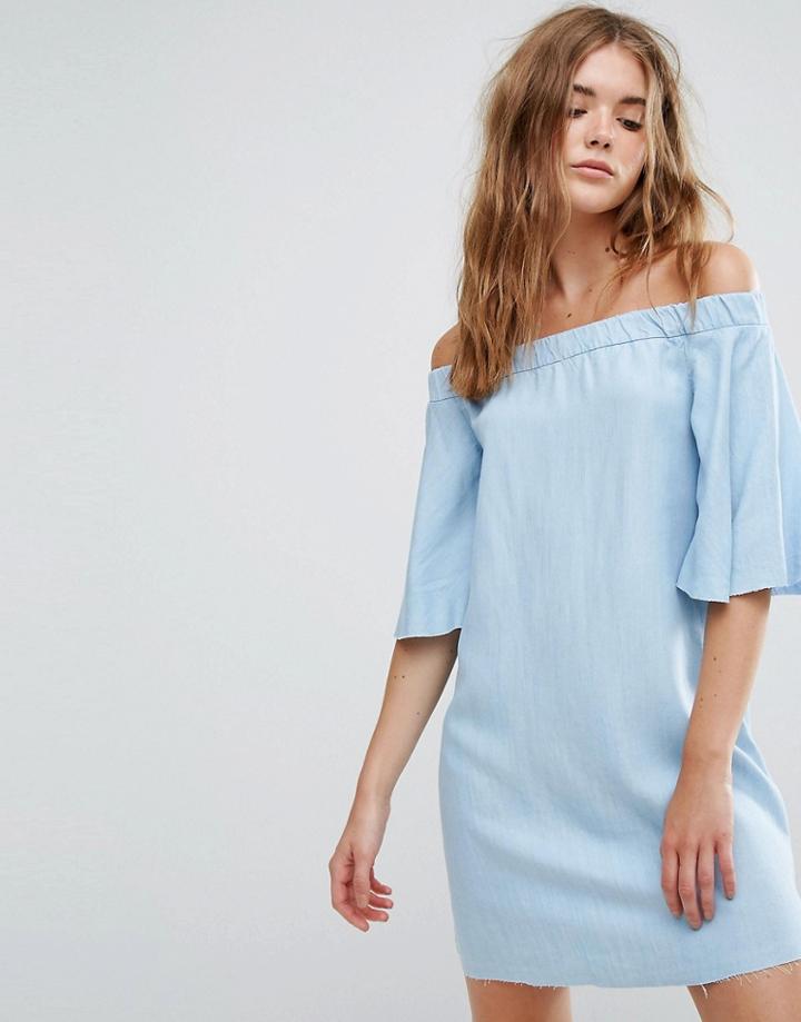 Pull & Bear Off The Shoulder And Zip Detail Dress - Blue