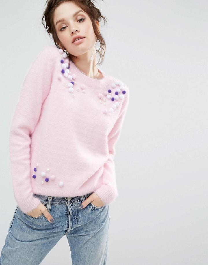 Willow And Paige Sweater With Pom Pom Trims - Pink
