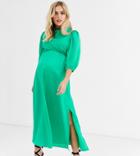 Asos Design Maternity Cowl Neck Satin Tea Midi Dress With Puff Sleeve-green