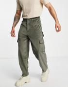 Asos Design Wide Leg Cargo Pants In Khaki Cord-green