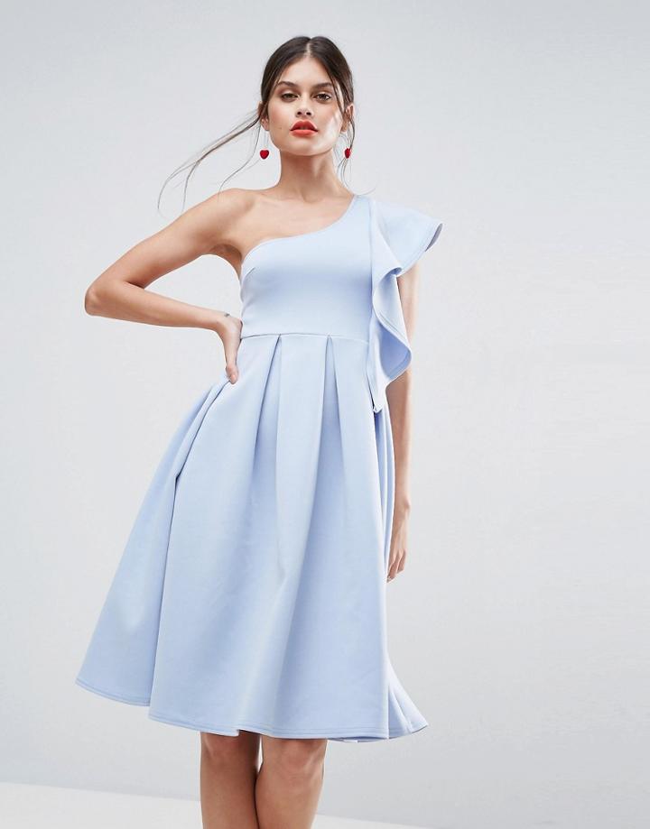 Asos Ruffle One Shoulder Scuba Midi Dress - White