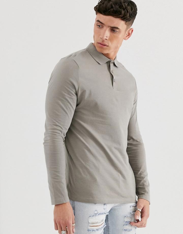 Asos Design Organic Long Sleeve Polo In Jersey In Beige - Beige