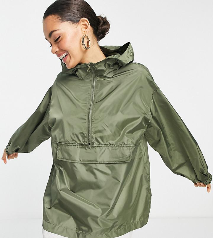 Asos Design Petite Overhead Rain Jacket In Khaki - Khaki-green