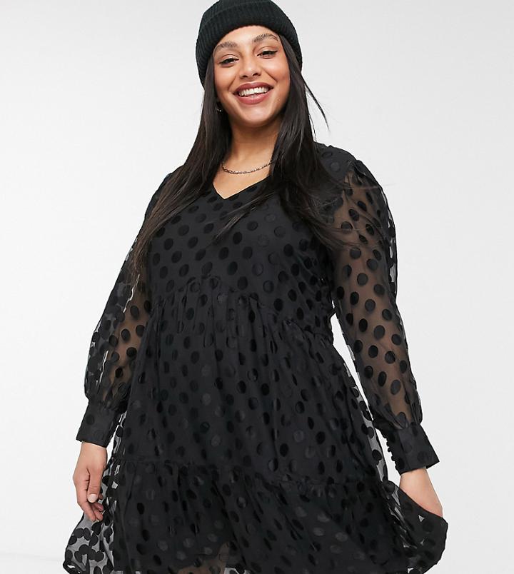 Violet Romance Curve Mini Mesh Smock Dress In Polka Dot With Tie Back Detail-black