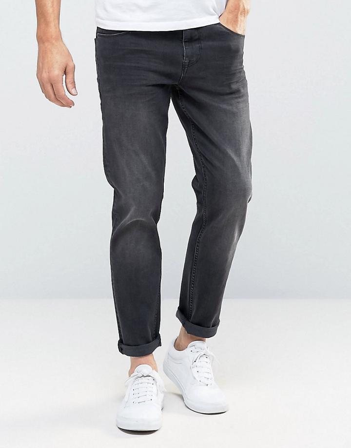 Asos Stretch Slim Ankle Grazer Jeans In 12.5oz Washed Black - Black