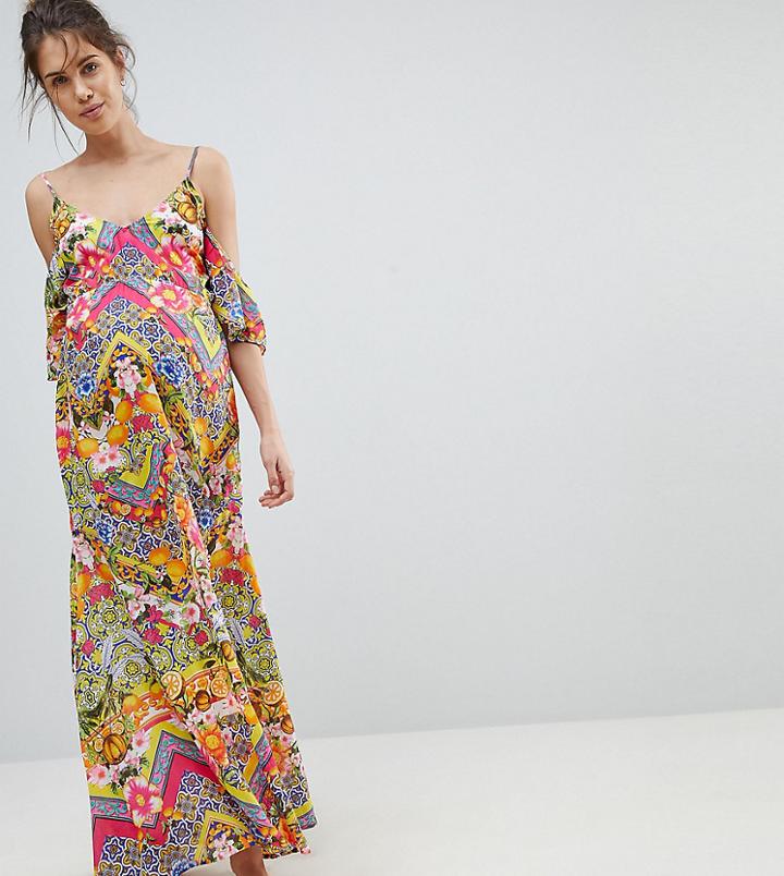 Asos Maternity Cuban Tile Print Off Shoulder Bardot Frill Maxi Beach Dress - Multi