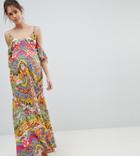 Asos Maternity Cuban Tile Print Off Shoulder Bardot Frill Maxi Beach Dress - Multi