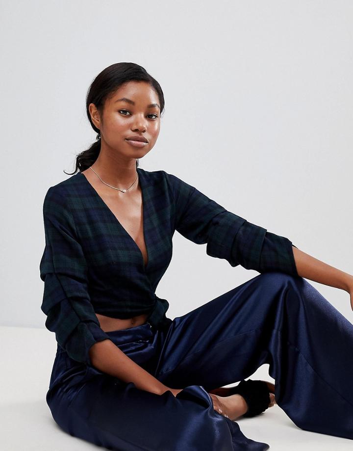 Love Checked Ruched Sleeve Tie Front Crop Top - Navy