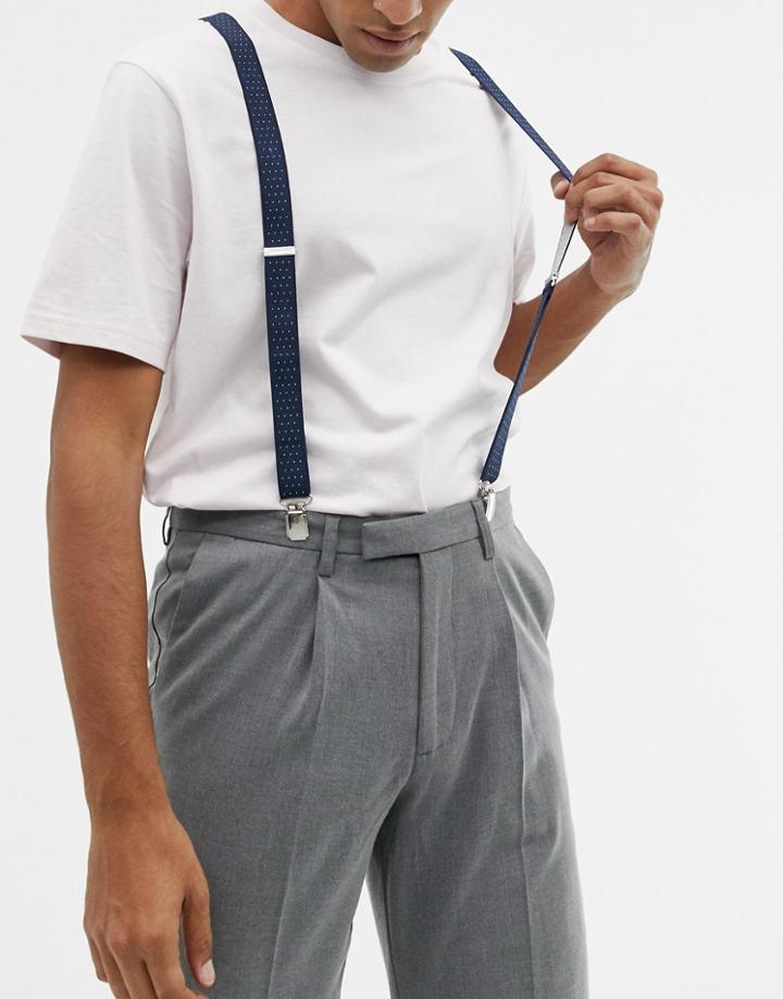 Moss London Suspenders In Navy Polka Dot - Navy