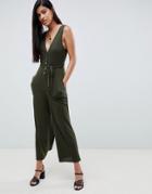 Asos Design V Neck Jumpsuit With Button Front In Slouchy Rib-green