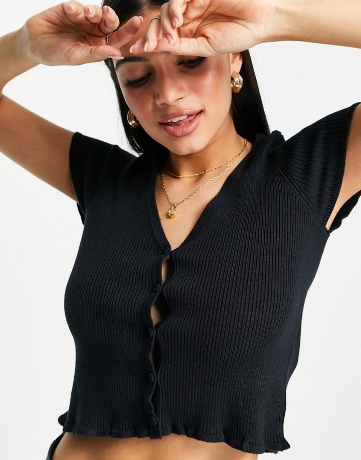 Abercrombie & Fitch Ruffle Hem Short Sleeve Cardigan In Black
