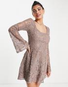 Love Triangle 70's Mini Skater Dress With Scoop Neck And Back In Mushroom Lace-brown