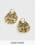 Asos Edition Gold Plated Stud Earrings Faux Fresh Water Pearls With Hammered Detail