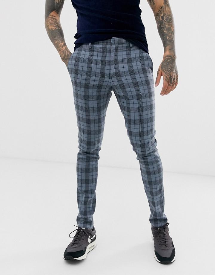 Asos Design Super Skinny Smart Pants In Blue Wool Mix Check - Blue
